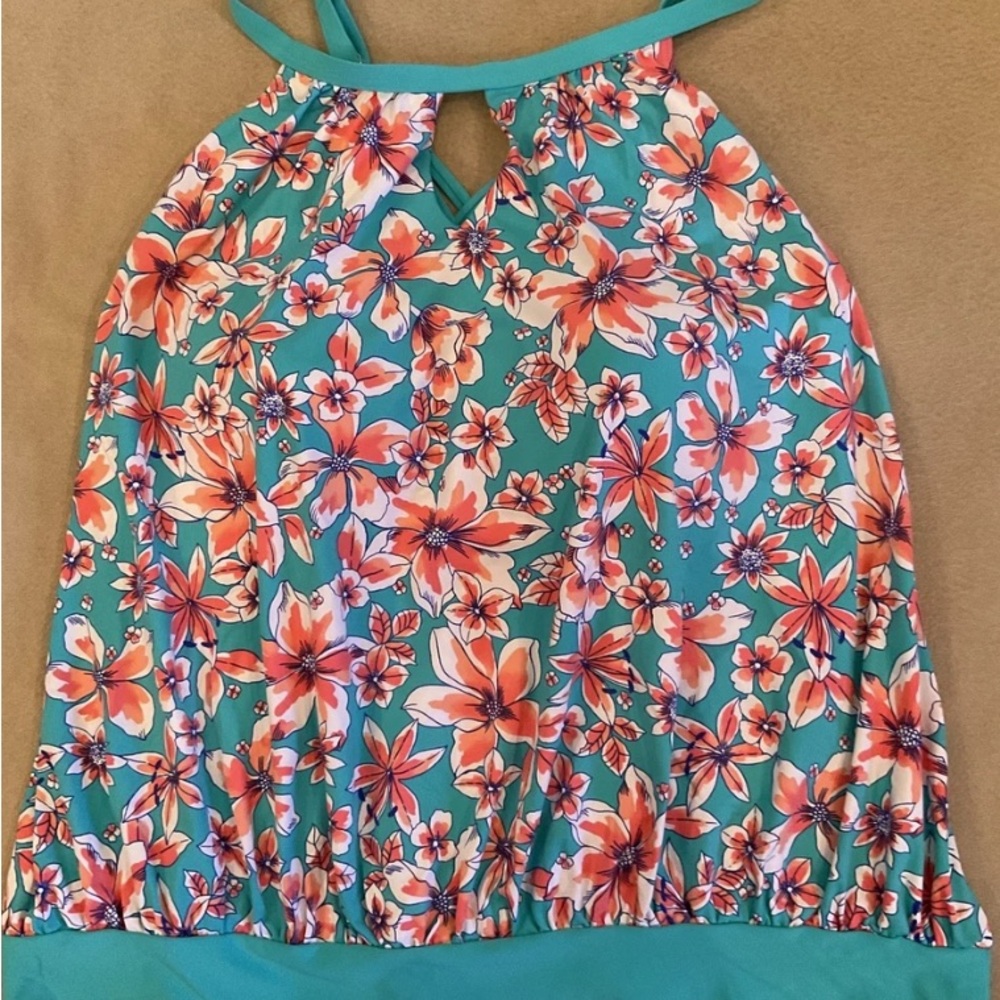 Lands’ End Tankini Swimsuit Top Blouse on Floral Turquoise Coral Strappy sz 24W - Picture 4 of 15